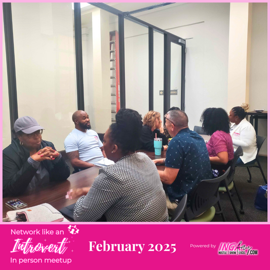 Network Like An Introvert February 2025 attendees. There are 6 female and 2 male business owners sitting at a table.