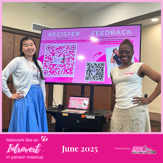 Network Like An Introvert June 2025. There are 2 females posing in front of the TV monitor with qrcode.