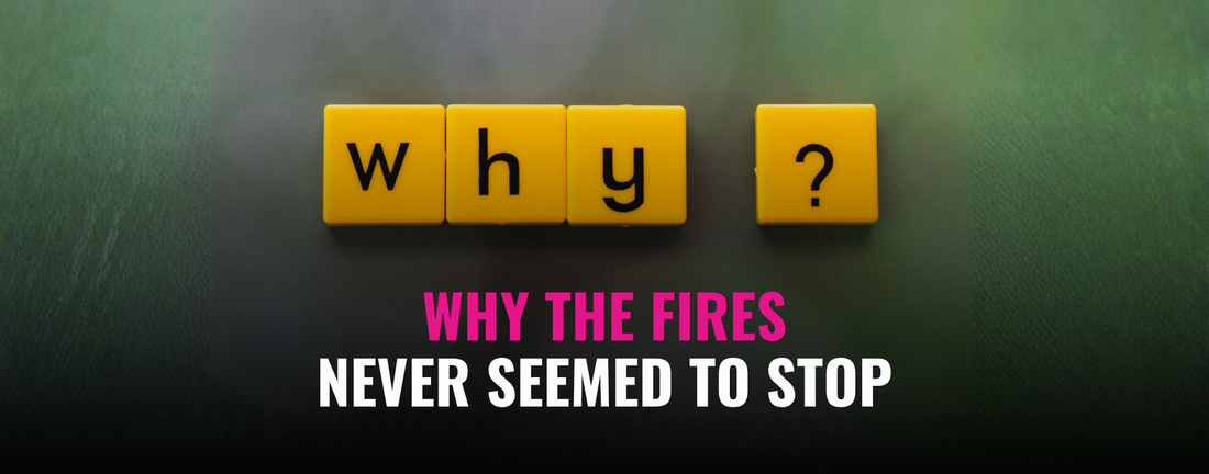  Green background with words "Why The Fires Never Seemed To Stop"